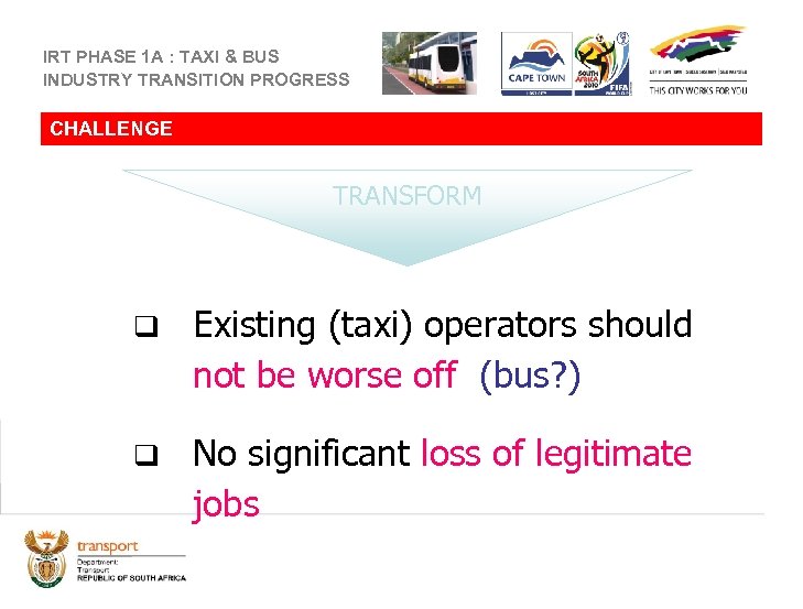 IRT PHASE 1 A : TAXI & BUS INDUSTRY TRANSITION PROGRESS CHALLENGE TRANSFORM q