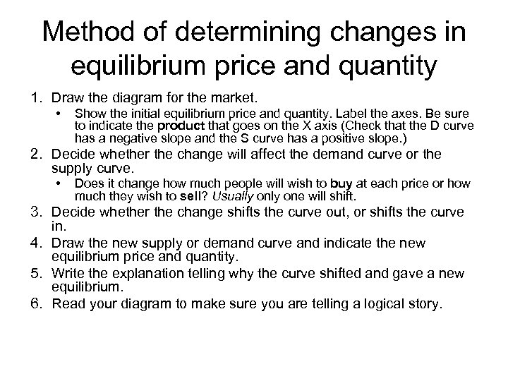 Method of determining changes in equilibrium price and quantity 1. Draw the diagram for