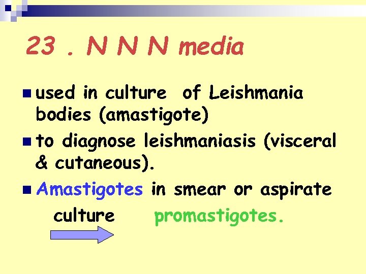 23. N N N media n used in culture of Leishmania bodies (amastigote) n
