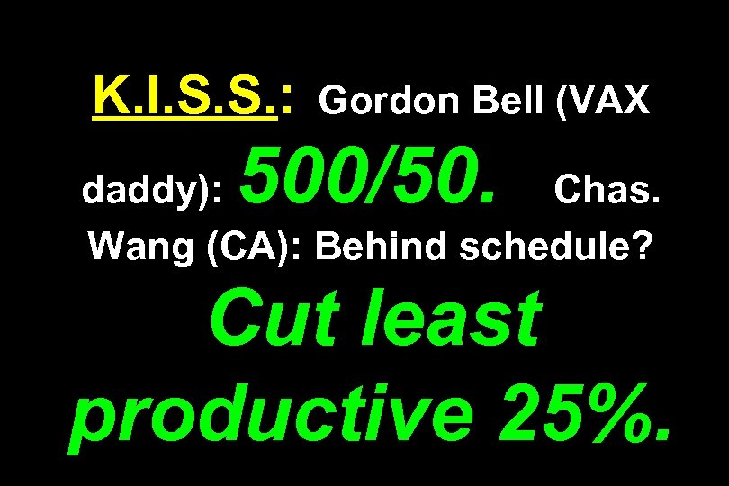 K. I. S. S. : Gordon Bell (VAX 500/50. daddy): Chas. Wang (CA): Behind