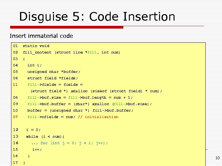 Disguise 5: Code Insertion Insert immaterial code 01 static void 02 fill_content (struct line