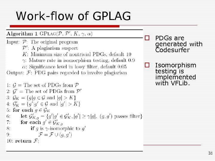 Work-flow of GPLAG o PDGs are generated with Codesurfer o Isomorphism testing is implemented
