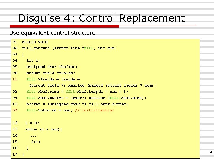 Disguise 4: Control Replacement Use equivalent control structure 01 static void 02 fill_content (struct
