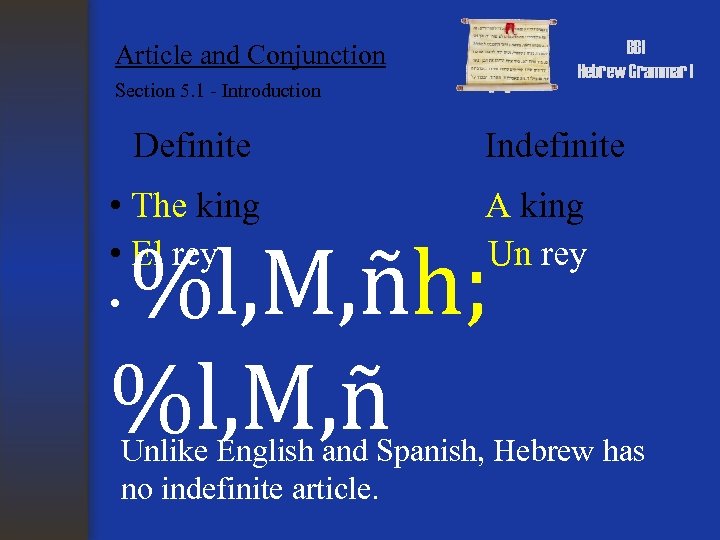 BBI Hebrew Grammar I Article and Conjunction Section 5. 1 - Introduction Definite •