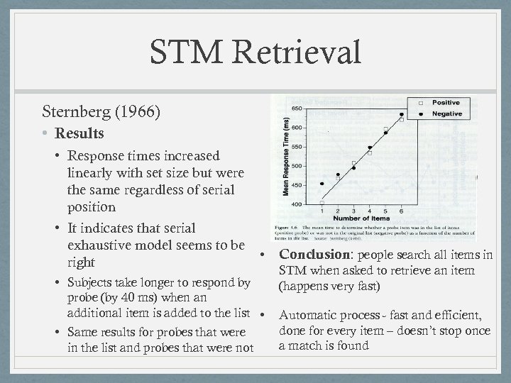STM Retrieval Sternberg (1966) • Results • Response times increased linearly with set size