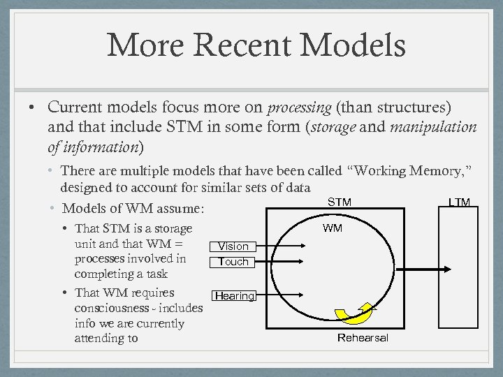 More Recent Models • Current models focus more on processing (than structures) and that