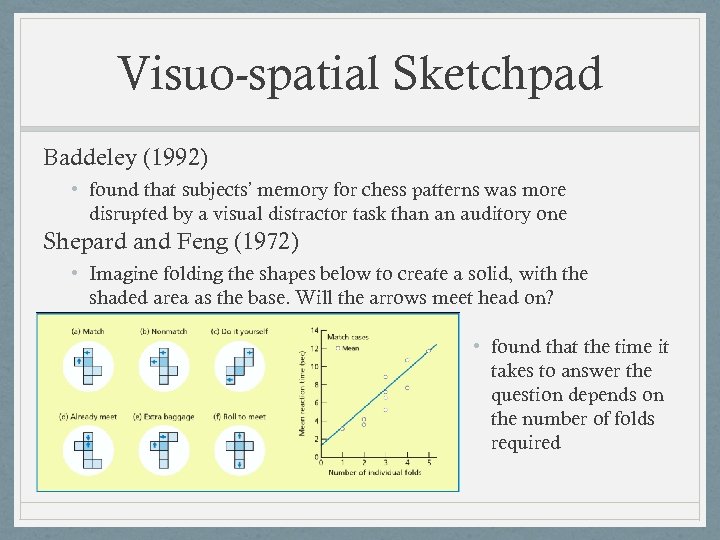 Visuo-spatial Sketchpad Baddeley (1992) • found that subjects’ memory for chess patterns was more