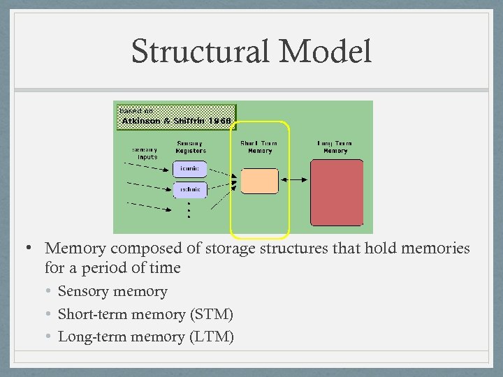 Structural Model • Memory composed of storage structures that hold memories for a period