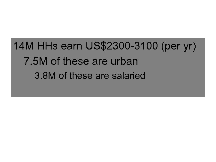 14 M HHs earn US$2300 -3100 (per yr) 7. 5 M of these are