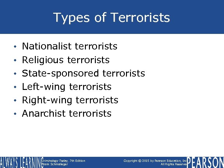 Types of Terrorists • • • Nationalist terrorists Religious terrorists State-sponsored terrorists Left-wing terrorists