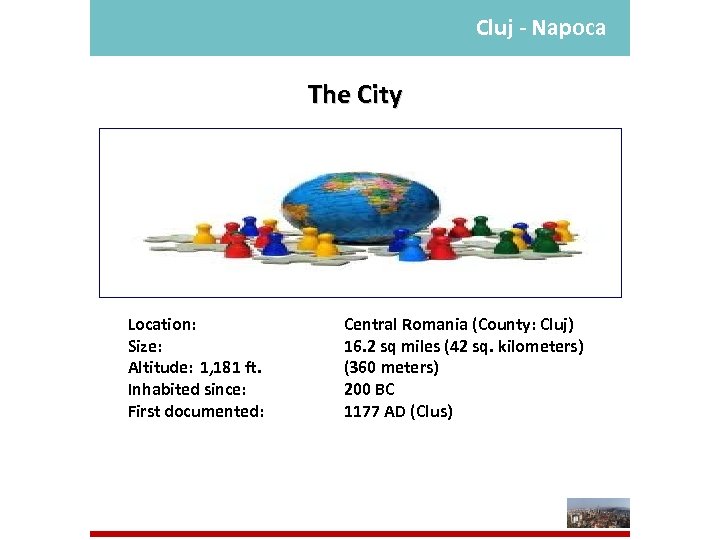 Cluj - Napoca The City Location: Size: Altitude: 1, 181 ft. Inhabited since: First