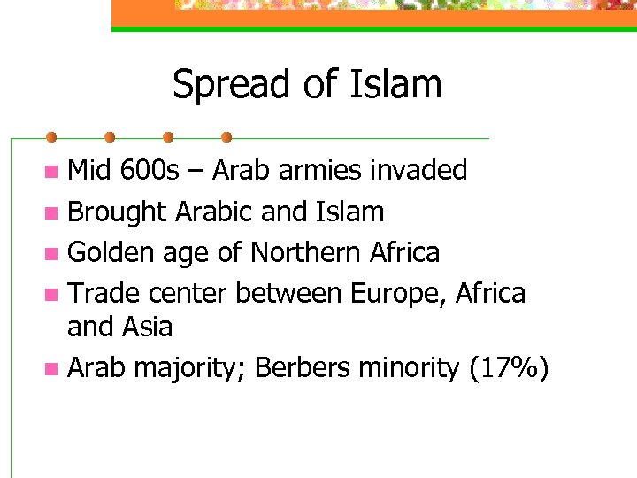 Spread of Islam Mid 600 s – Arab armies invaded n Brought Arabic and