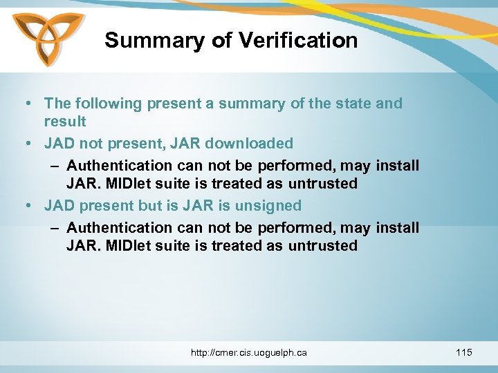 Summary of Verification • The following present a summary of the state and result