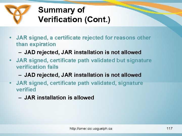 Summary of Verification (Cont. ) • JAR signed, a certificate rejected for reasons other