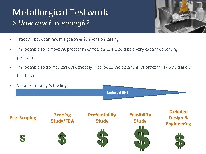 Metallurgical Testwork > How much is enough? › Tradeoff between risk mitigation & $$