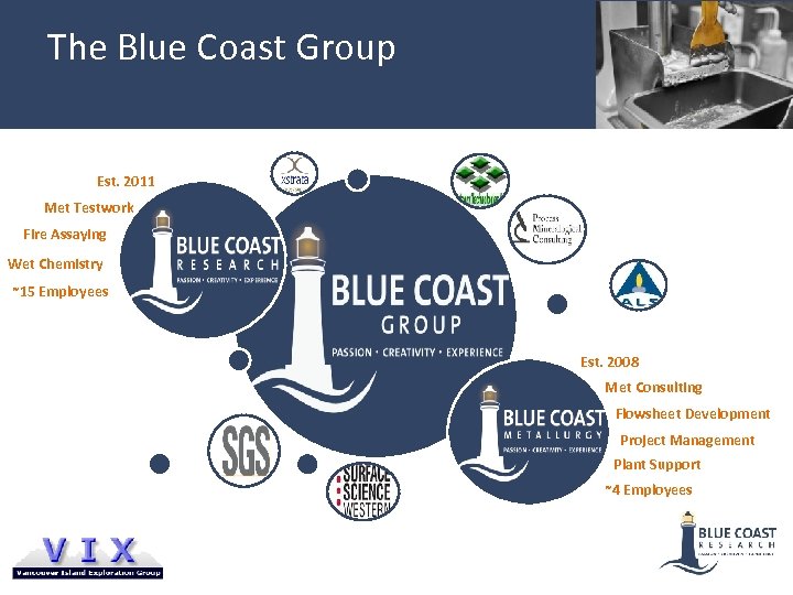 The Blue Coast Group Est. 2011 Met Testwork Fire Assaying Wet Chemistry ~15 Employees