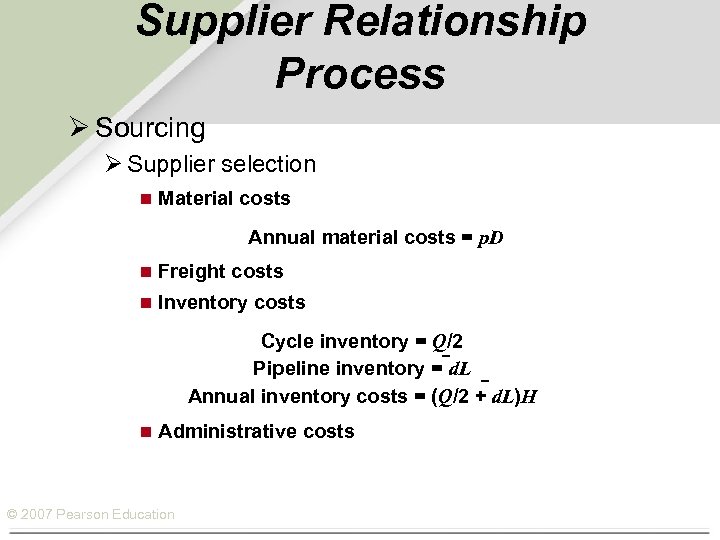 Supplier Relationship Process Ø Sourcing Ø Supplier selection n Material costs Annual material costs