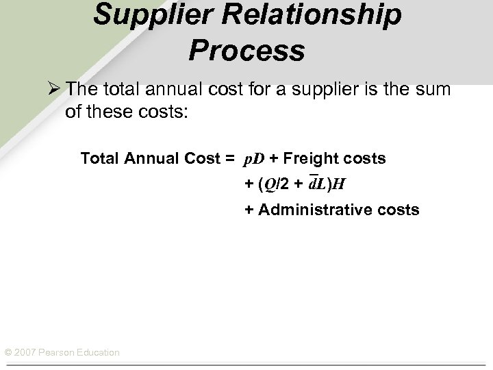 Supplier Relationship Process Ø The total annual cost for a supplier is the sum