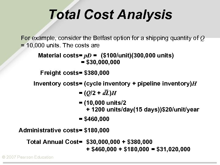 Total Cost Analysis For example, consider the Belfast option for a shipping quantity of