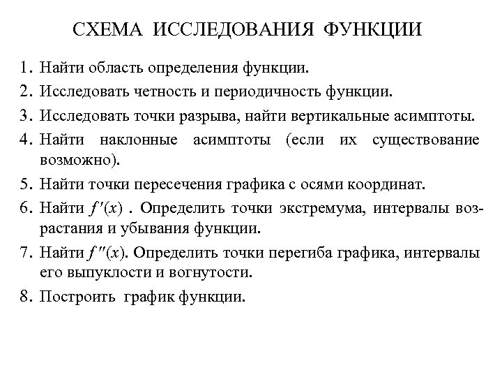 СХЕМА ИССЛЕДОВАНИЯ ФУНКЦИИ 1. 2. 3. 4. 5. 6. 7. 8. Найти область определения