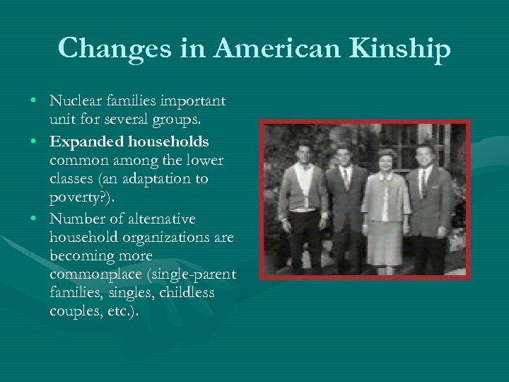 Changes in American Kinship • Nuclear families important unit for several groups. • Expanded