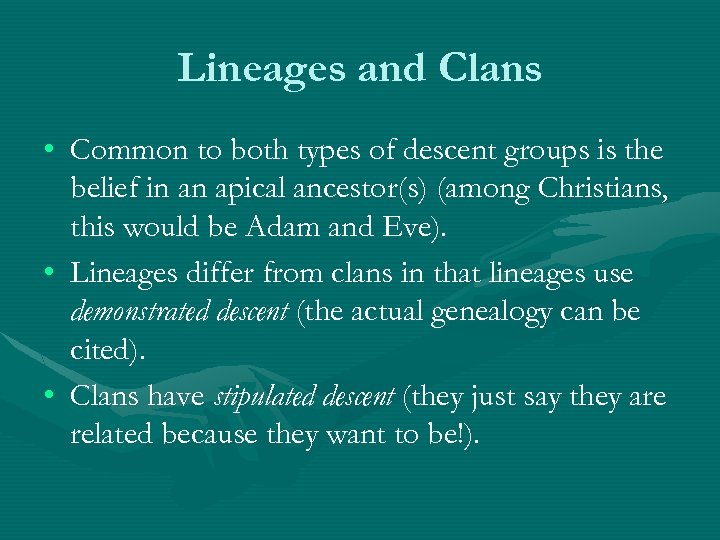 Lineages and Clans • Common to both types of descent groups is the belief