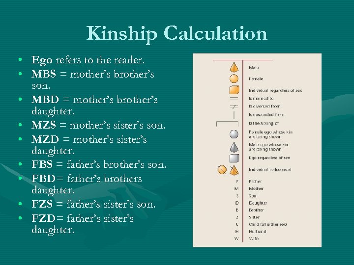 Kinship Calculation • Ego refers to the reader. • MBS = mother’s brother’s son.