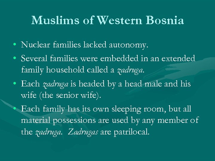 Muslims of Western Bosnia • Nuclear families lacked autonomy. • Several families were embedded