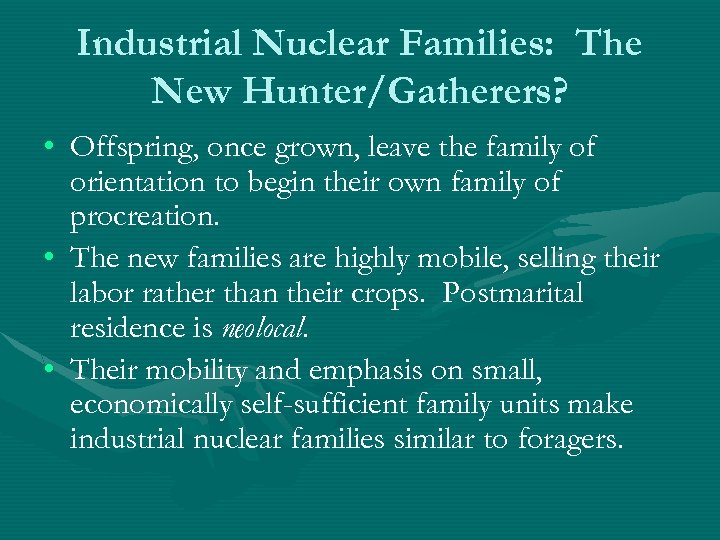 Industrial Nuclear Families: The New Hunter/Gatherers? • Offspring, once grown, leave the family of