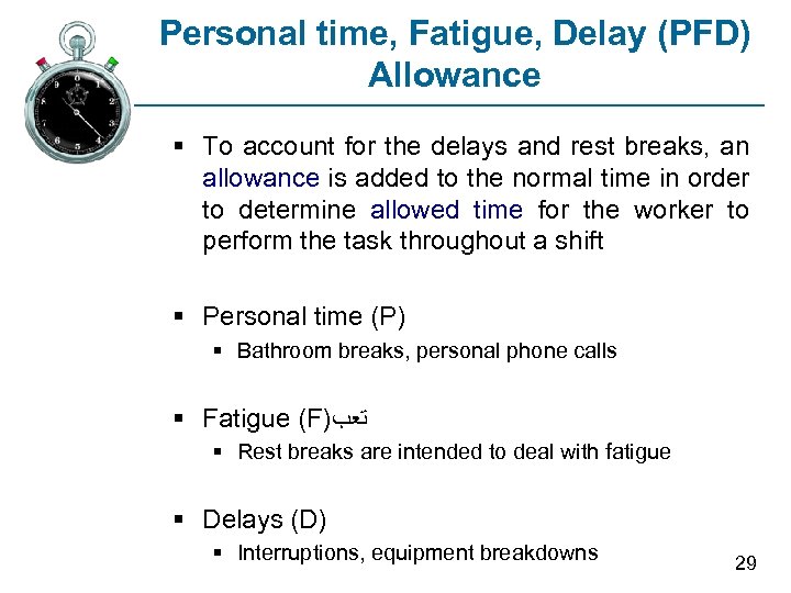 Personal time, Fatigue, Delay (PFD) Allowance § To account for the delays and rest