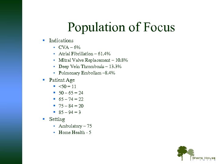 Population of Focus § Indications • • • CVA – 6% Atrial Fibrillation –