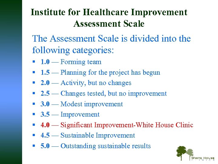 Institute for Healthcare Improvement Assessment Scale The Assessment Scale is divided into the following