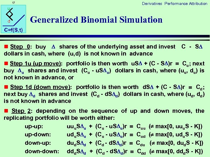 17 Derivatives Performance Attribution u d Generalized Binomial Simulation C=f(S, t) n Step 0: