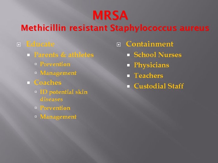 MRSA Methicillin resistant Staphylococcus aureus Educate Parents & athletes Prevention Management Coaches ID potential