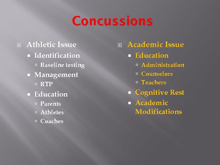 Concussions Athletic Issue Identification Academic Issue Baseline testing Administration Counselors Teachers Management RTP Education