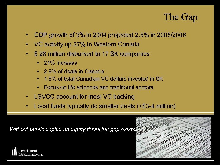 The Gap • GDP growth of 3% in 2004 projected 2. 6% in 2005/2006
