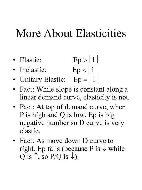 More About Elasticities Elastic: Ep 1 Inelastic: Ep 1 Unitary Elastic: Ep 1 Fact:
