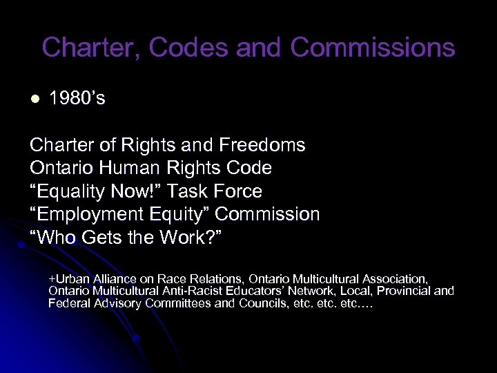 Charter, Codes and Commissions l 1980’s Charter of Rights and Freedoms Ontario Human Rights