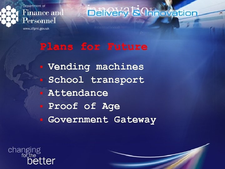 Plans for Future § § § Vending machines School transport Attendance Proof of Age