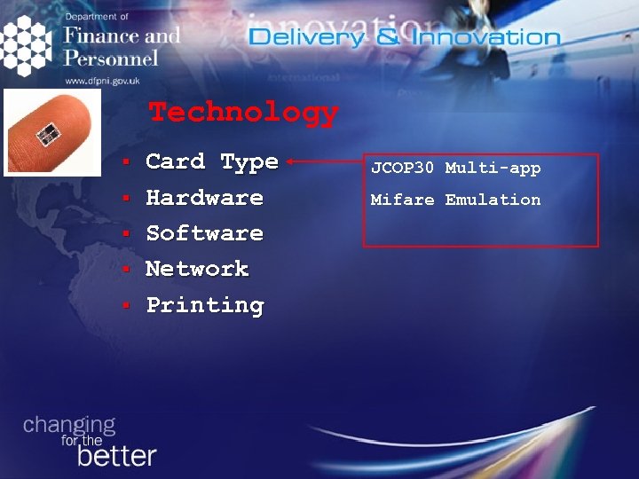 Technology § § § Card Type Hardware Software Network Printing JCOP 30 Multi-app Mifare