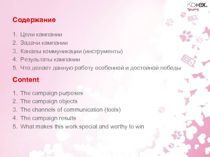Содержание 1. 2. 3. 4. 5. Цели кампании Задачи кампании Каналы коммуникации (инструменты) Результаты