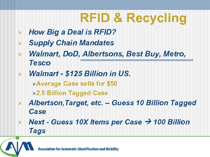 RFID & Recycling Ø Ø How Big a Deal is RFID? Supply Chain Mandates