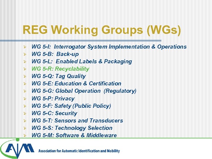REG Working Groups (WGs) Ø Ø Ø Ø WG 5 -I: Interrogator System Implementation
