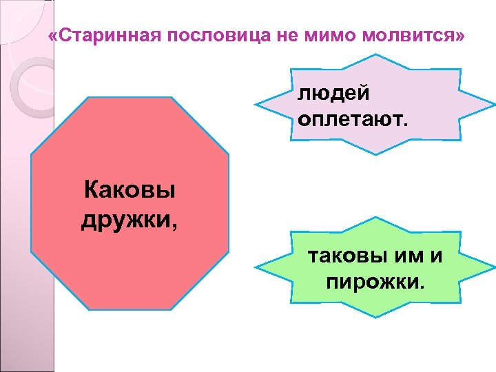  «Старинная пословица не мимо молвится» людей оплетают. Каковы дружки, таковы им и пирожки.