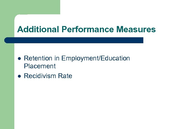 Additional Performance Measures l l Retention in Employment/Education Placement Recidivism Rate 