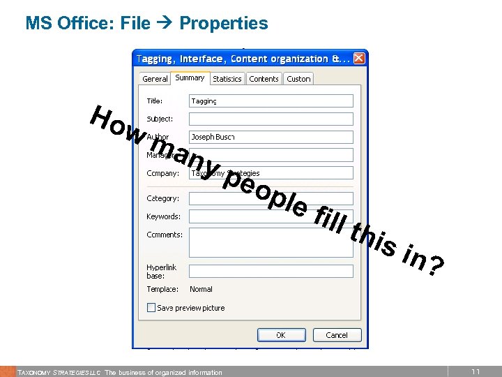 MS Office: File Properties Ho wm any peo ple fi TAXONOMY STRATEGIES LLC The