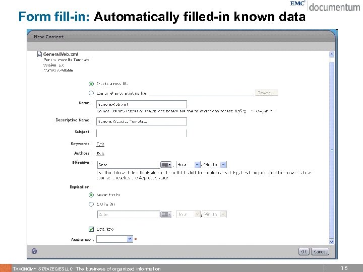 Form fill-in: Automatically filled-in known data TAXONOMY STRATEGIES LLC The business of organized information