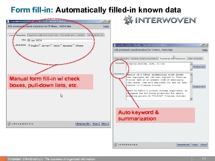Form fill-in: Automatically filled-in known data Manual form fill-in w/ check boxes, pull-down lists,