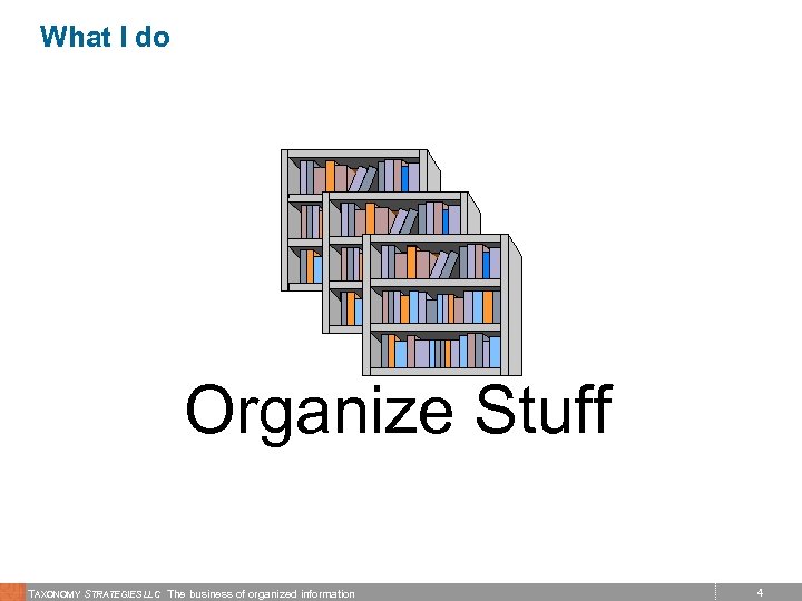 What I do Organize Stuff TAXONOMY STRATEGIES LLC The business of organized information 4
