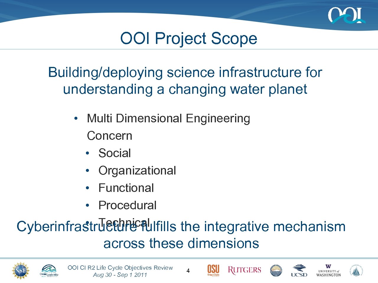 OOI Project Scope Building/deploying science infrastructure for understanding a changing water planet • Multi